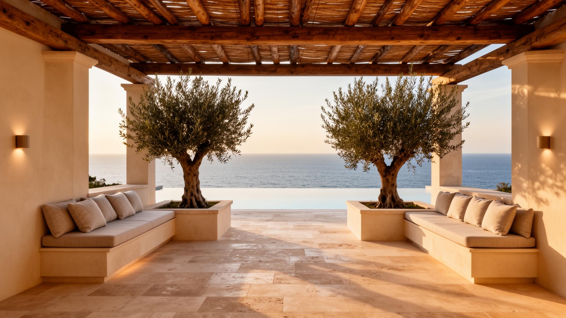 After: luxury Mediterranean terrace with oak pergola, infinity pool and ancient olive tree