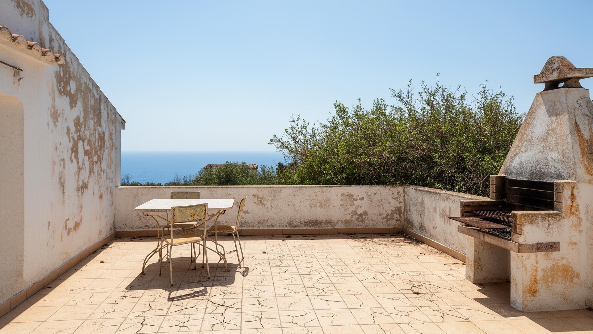 Before: dated villa patio prior to renovation