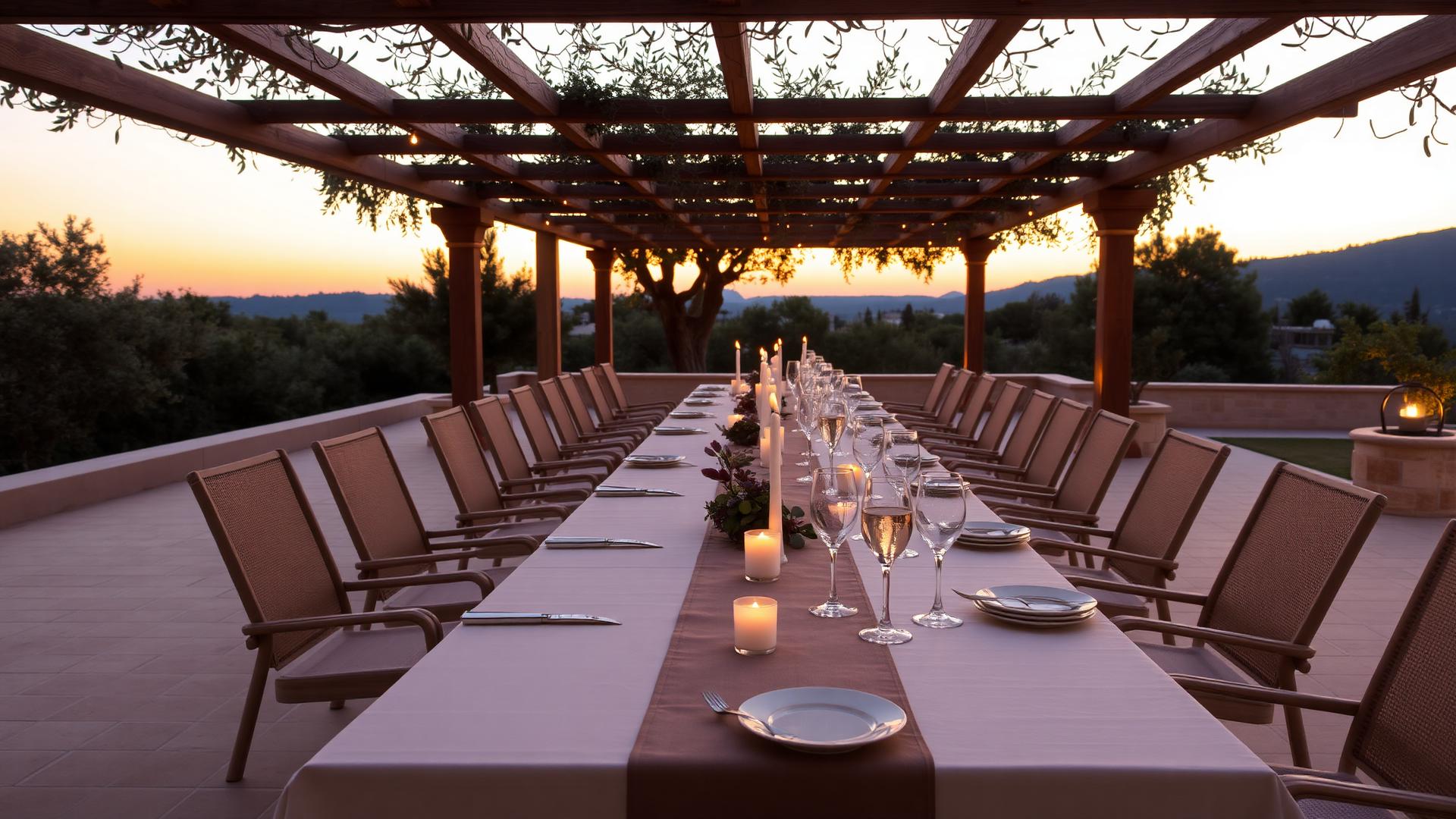 Long candlelit dining table on a Marbella villa terrace at sunset