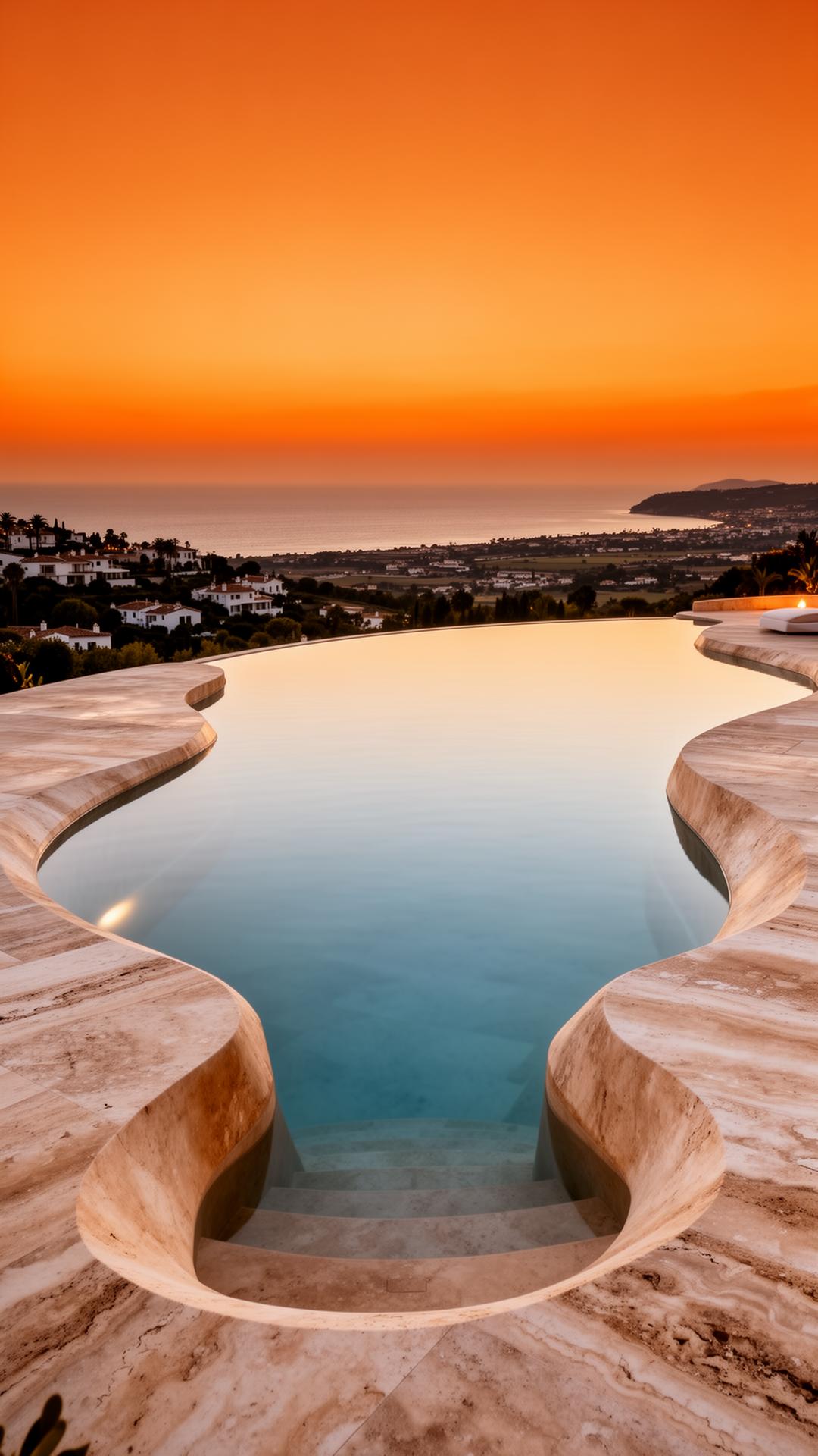 Mirror-edge plunge pool at sunset over the Mediterranean