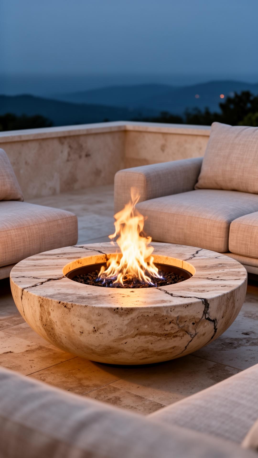 Cast travertine fire bowl with linen lounge seating at dusk