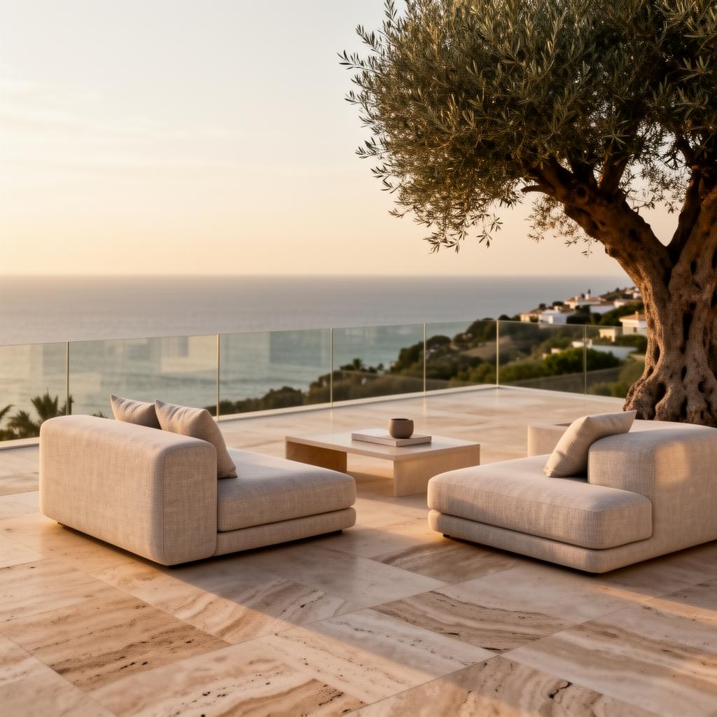 Modular oatmeal-linen lounge on bookmatched travertine with glass-edge sea view