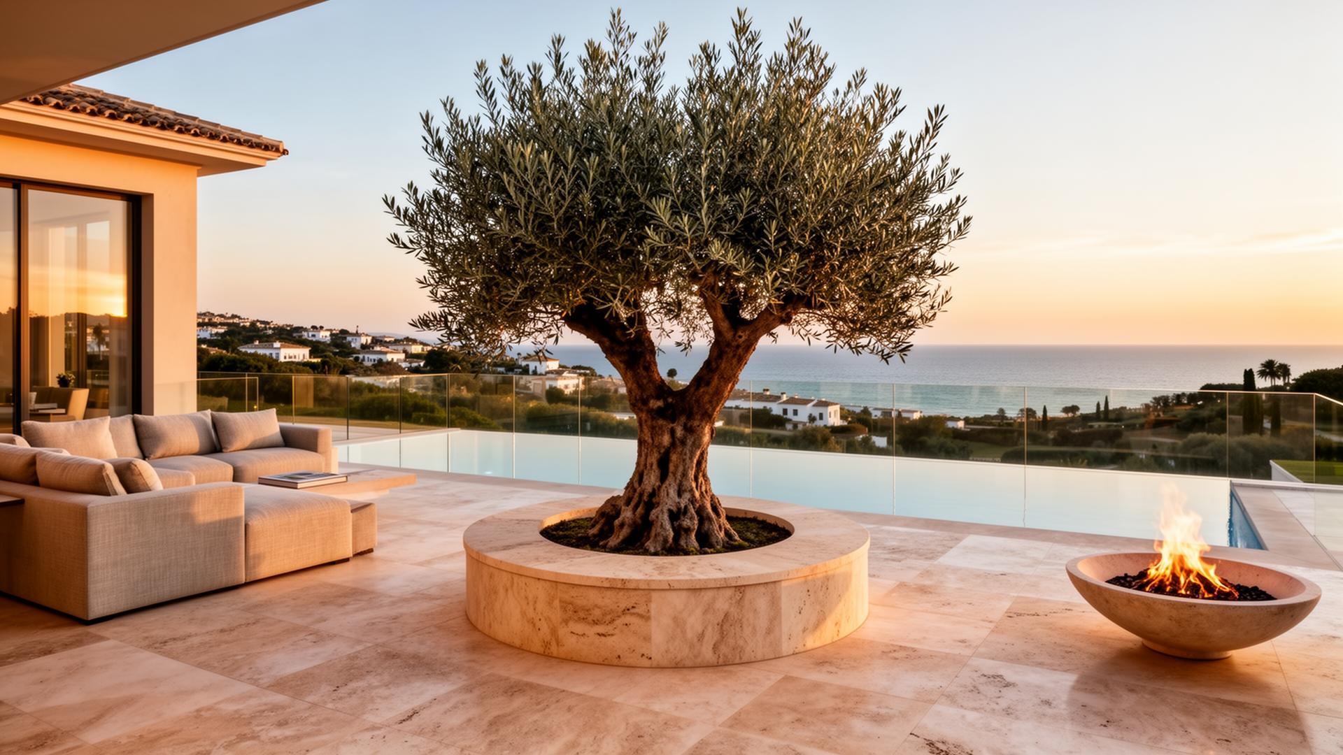 Travertine terrace with centenary olive centrepiece and sea view