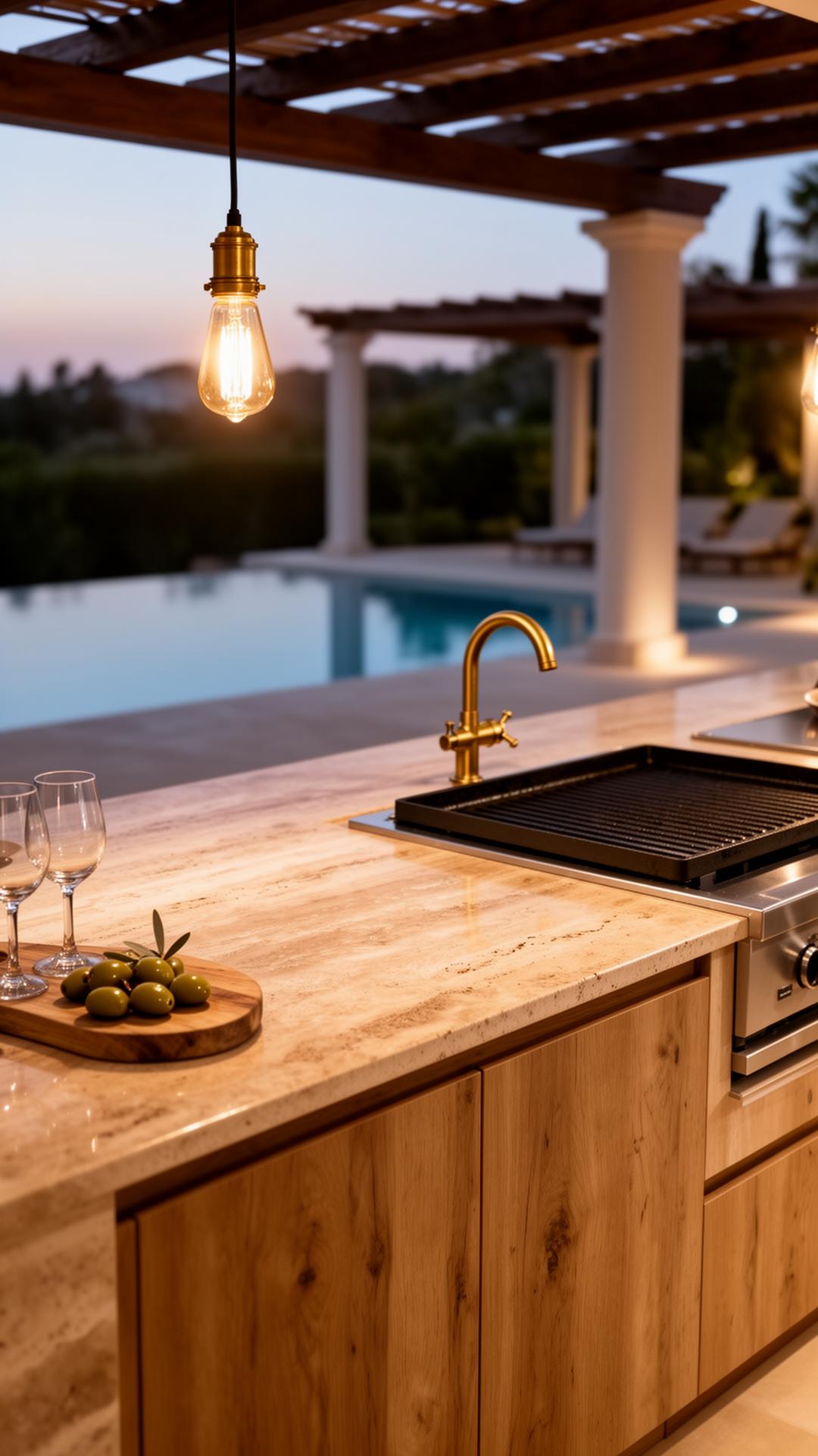 Outdoor kitchen with travertine counter and plancha grill