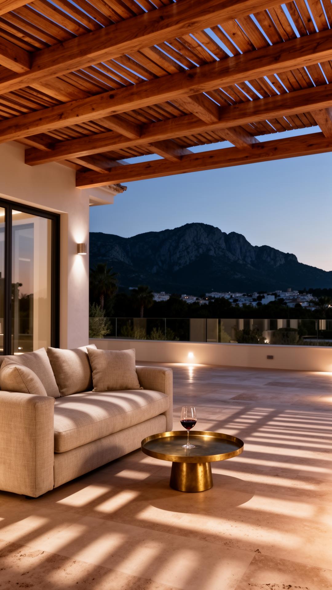Oak pergola lounge at twilight with Sierra Blanca view