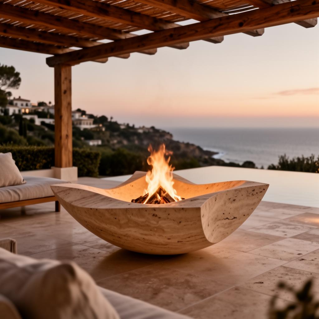 Sculptural travertine fire bowl on brushed travertine terrace at dusk