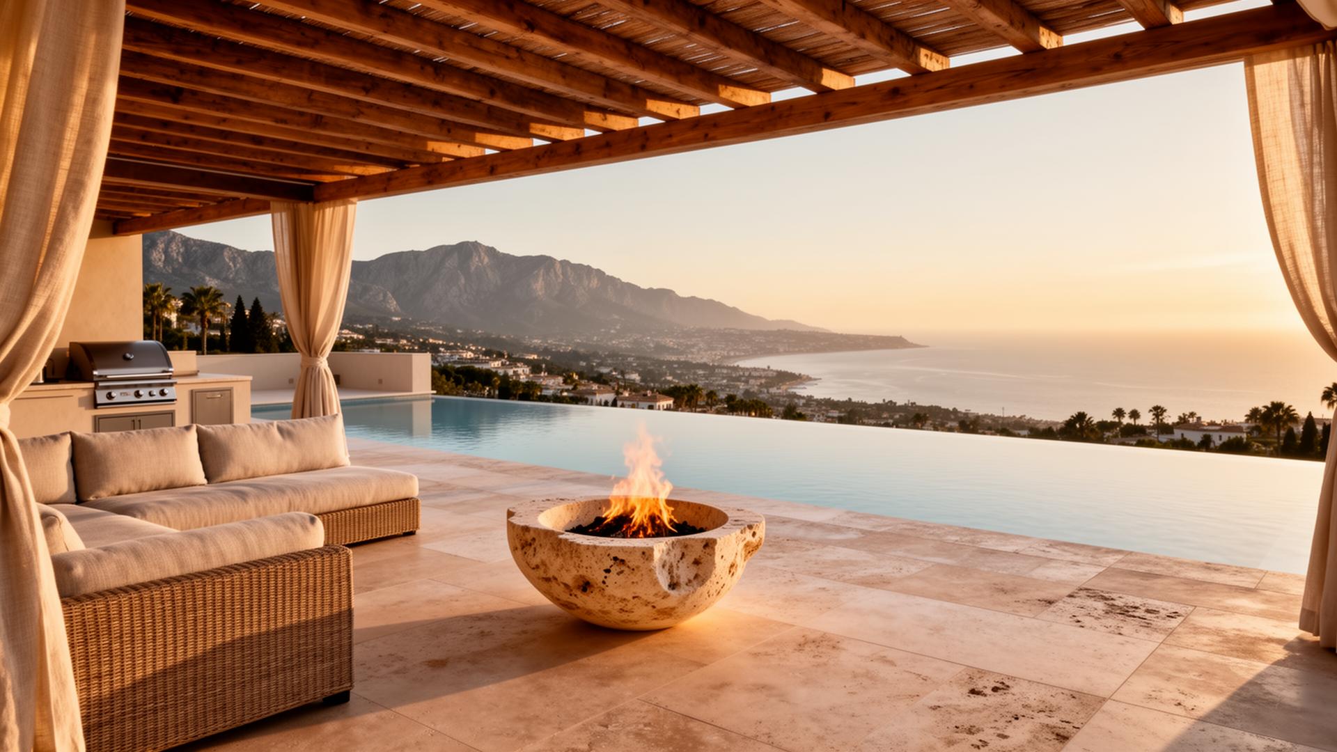 Infinity pool & oak pergola overlooking Sierra Blanca