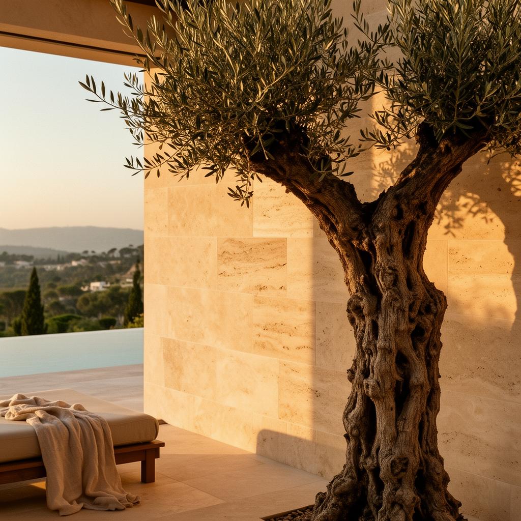 Architectural detail of a sandstone villa wall with olive branch